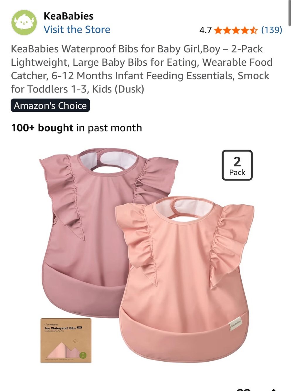 KeaBabies Waterproof Ruffle Bibs - 2-Pack (Dusty Rose & Blush Pink)